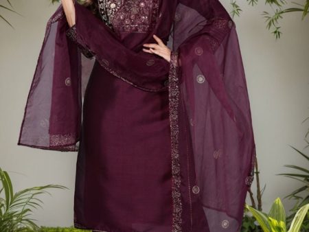 Ahika Purple Silk Blend Straight Yoke Design Kurta Pant With Dupatta Online Hot Sale