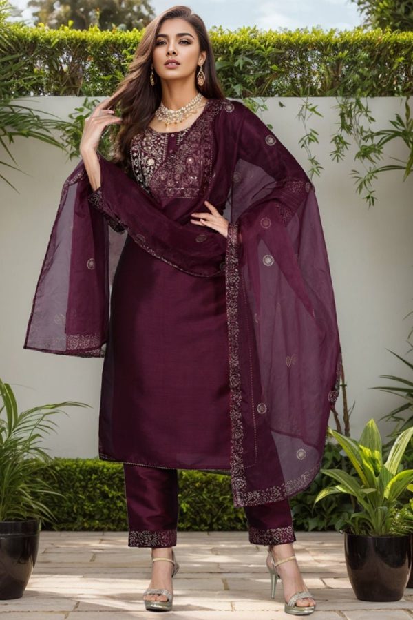 Ahika Purple Silk Blend Straight Yoke Design Kurta Pant With Dupatta Online Hot Sale