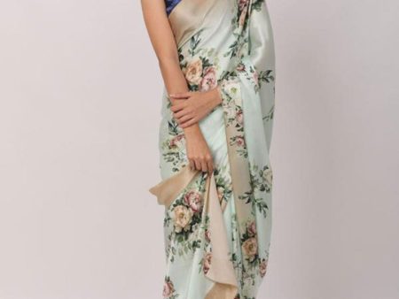 Sonakshi Sea Green Digital Printed Pure Japan Satin Saree with Blouse Sale