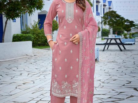 Malishka Women s Chanderi Embroidered Straight Kurta Pant With Dupatta - Mauve pink Online