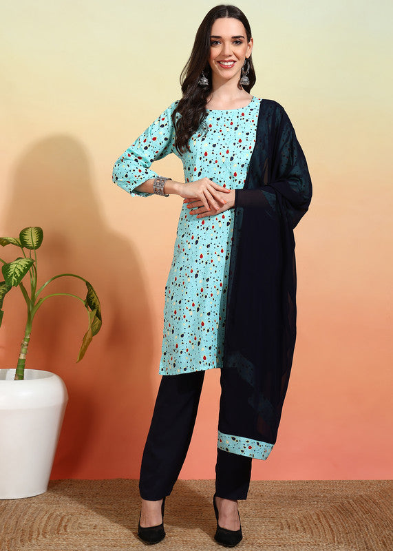 Malishka Women s Black Sky Crepe Printed Straight Kurta Pant With Dupatta - Sky Blue Fashion