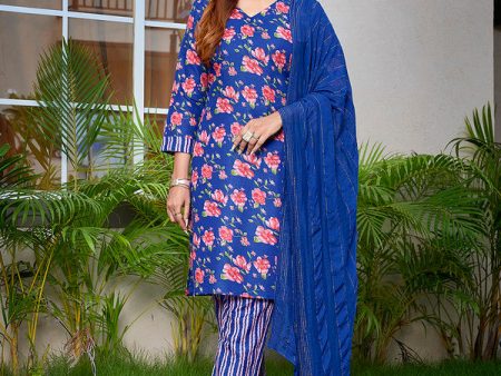 Malishka Women s Cotton Blend Printed Straight Kurta Pant With Dupatta - Blue on Sale