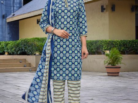 Malishka Women s Cotton Blend Printed Straight Kurta Pant With Dupatta - Blue Sale