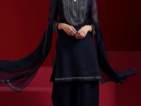 Libas Art Blue Yoke Design Georgette Straight Suit With Dupatta Fashion