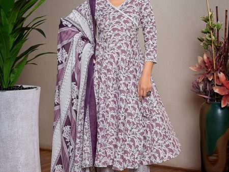 Malishka Women s Cotton Blend Printed Angarkha Kurta Pant With Dupatta - Purple & White Sale