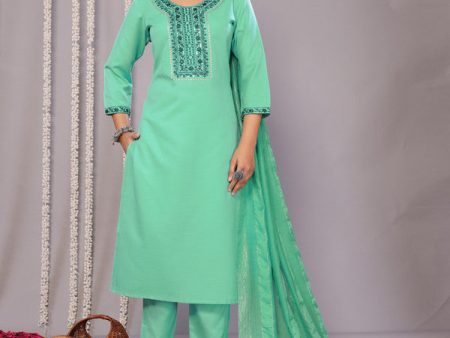 Malishka Women s Cotton Blend Embroidered Straight Kurta Pant With Dupatta - Green on Sale