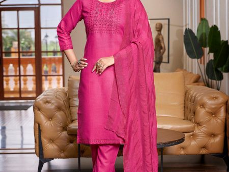 Malishka Women s Cotton Blend Embroidered Straight Kurta Pant With Dupatta - Pink Discount