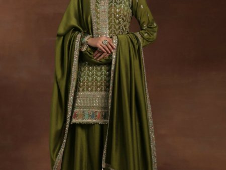 Libas Adaa Olive Embroidered Silk Blend Straight Kurta With Palazzos & Dupatta Cheap