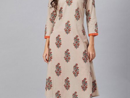 Ahika Beige Cotton A-Line Kurta Online