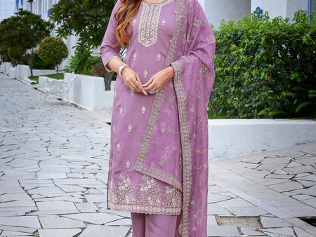 Malishka Women s Chanderi Embroidered Straight Kurta Pant With Dupatta - Purple on Sale