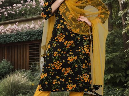 Ahika Black Rayon Blend Floral Straight Kurta Pant With Dupatta Hot on Sale