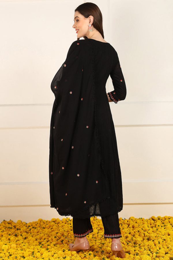 Ahika Black Cotton Embroidered Anarkali Suit Set Sale