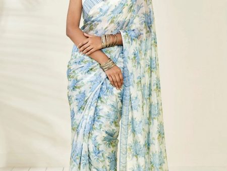 Sonakshi Blue Embroidery with Digital Printed Pure Chinon Designer Saree with Blouse Cheap