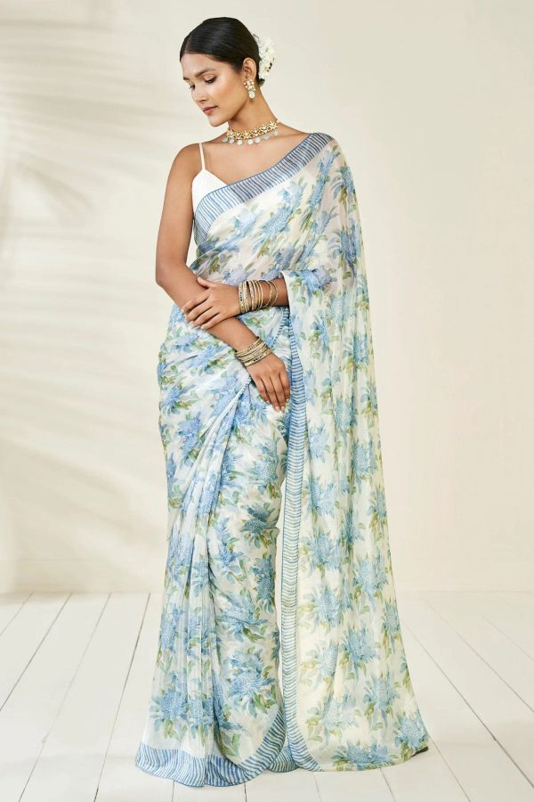 Sonakshi Blue Embroidery with Digital Printed Pure Chinon Designer Saree with Blouse Cheap