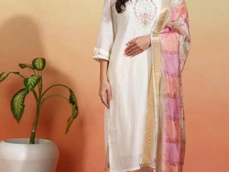 Malishka Women s Chanderi Embroidered Straight Kurta Pant With Dupatta - White Online