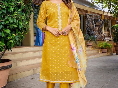 Malishka Women s Chanderi Woven Straight Kurta Pant With Dupatta - Yellow Supply