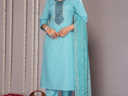 Malishka Women s Cotton Blend Embroidered Straight Kurta Pant With Dupatta - Turquoise Blue Discount