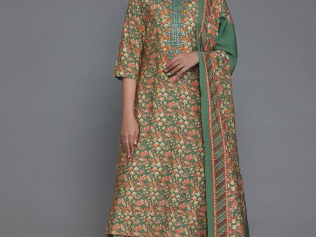 Libas Green Printed Silk Blend Straight Suit With Dupatta Cheap