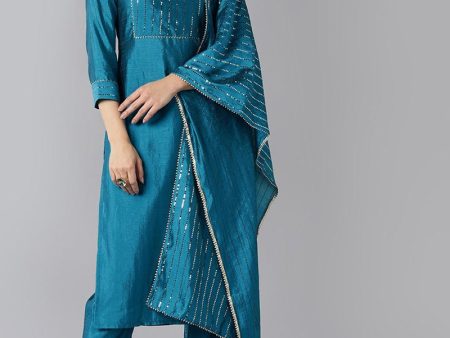 Ahika Blue Poly Chanderi Solid Straight Suit Set Hot on Sale