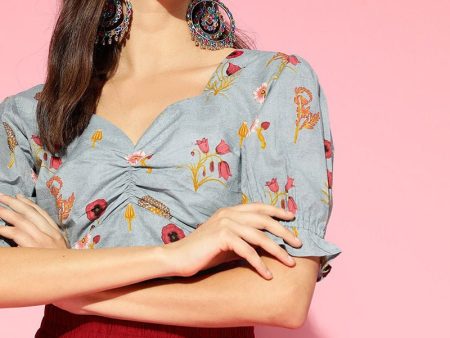 Ahika Blue Pure Cotton Floral Print Crop Top Online