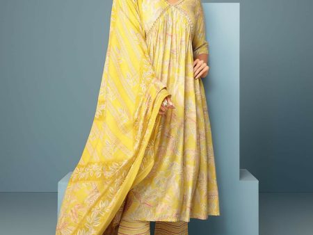 Libas Aashna Mustard Printed Silk Blend A-Line Kurta With Palazzos & Dupatta on Sale