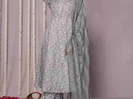 Malishka Women s Cotton Blend Printed Anarkali Kurta Pant With Dupatta - Grey Online now