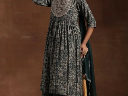 Libas Green Printed Silk Blend A-Line Kurta With Trousers & Dupatta For Discount