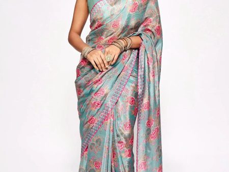 Sonakshi Teal Embroidery with Digital Printed Pure Chinon Designer Saree with Blouse Online Sale