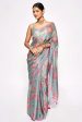 Sonakshi Teal Embroidery with Digital Printed Pure Chinon Designer Saree with Blouse Online Sale