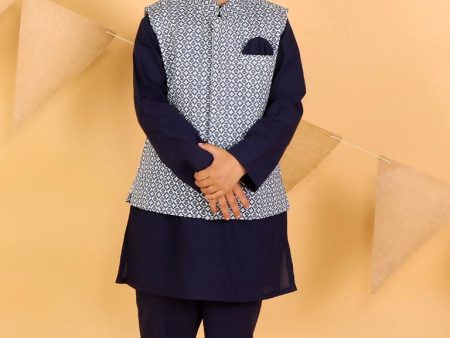 Lil Drama Boys Kurta pyjama with jacket set - Navy Blue Online Hot Sale