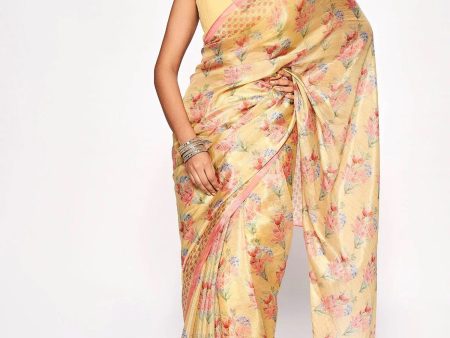 Sonakshi Mustard Embroidery with Digital Printed Pure Chinon Designer Saree with Blouse Sale