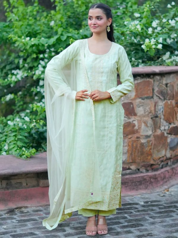 Libas Art Sea Green Embroidered Silk Blend Straight Suit With Dupatta Fashion