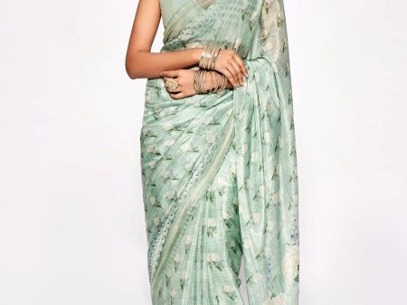 Sonakshi Sea Green Embroidery with Digital Printed Pure Chinon Designer Saree with Blouse Supply