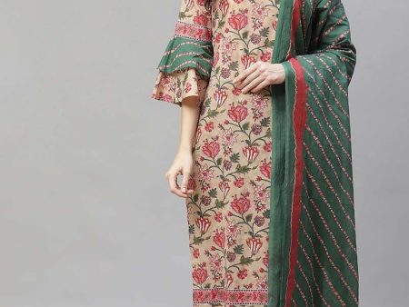 Ahika Beige Floral Pure Cotton Straight Suit Set With Plazzo Bottom Hot on Sale