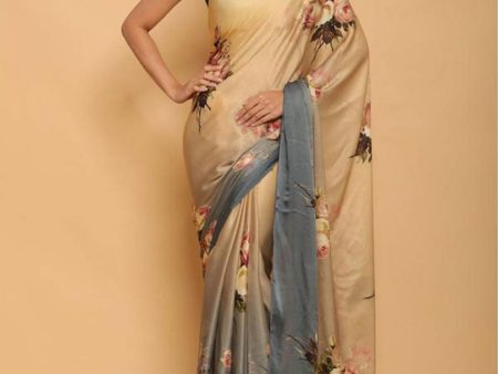 Sonakshi Cream Digital Printed Pure Japan Satin Saree with Blouse Online