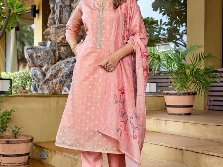 Malishka Women s Chanderi Woven Straight Kurta Pant With Dupatta - Pink Supply