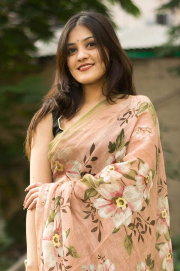 Sonakshi Brown Digital Printed Munnar Slub Designer Saree with Blouse For Sale