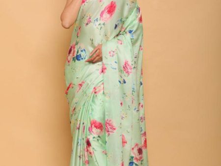 Sonakshi Sea Green Digital Printed Pure Japan Satin Saree with Blouse Online Hot Sale