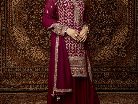 Libas Adaa Wine Embroidered Silk Blend Straight Kurta With Palazzos & Dupatta Online now