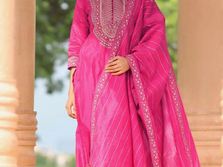 Libas Art Pink Yoke Design Chanderi Silk Straight Suit With Dupatta Online now