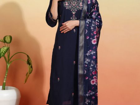 Malishka Women s Chanderi Embroidered Straight Kurta Pant With Dupatta - Navy Blue Discount