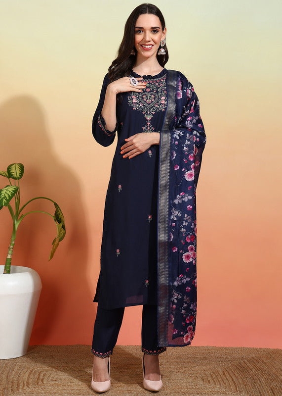 Malishka Women s Chanderi Embroidered Straight Kurta Pant With Dupatta - Navy Blue Discount