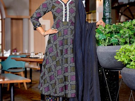 Malishka Women s Cotton Blend Printed Anarkali Kurta Pant With Dupatta - Navy Blue & White Cheap