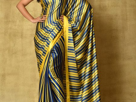 Sonakshi Women s Navy Blue Digital Printed Pure Japan Satin Saree with Blouse For Sale