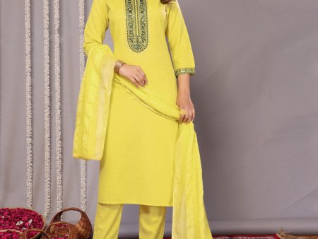 Malishka Women s Cotton Blend Embroidered Straight Kurta Pant With Dupatta - Yellow Online Sale