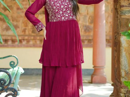 Libas Art Pink Embroidered Georgette A-Line Kurta With Sharara & Dupatta Online Hot Sale