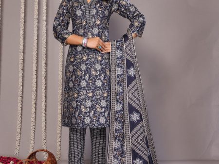 Malishka Women s Cotton Blend Printed Straight Kurta Pant With Dupatta - Black Online