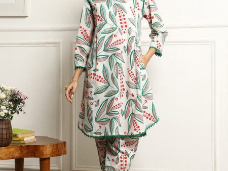 Malishka Women s Printed A-Line Kurta With Pant Set - Green & White Online