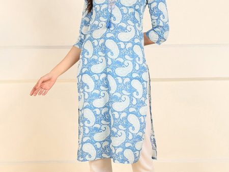 Ahika Blue Cotton Paisley Printed Straight Kurta For Sale