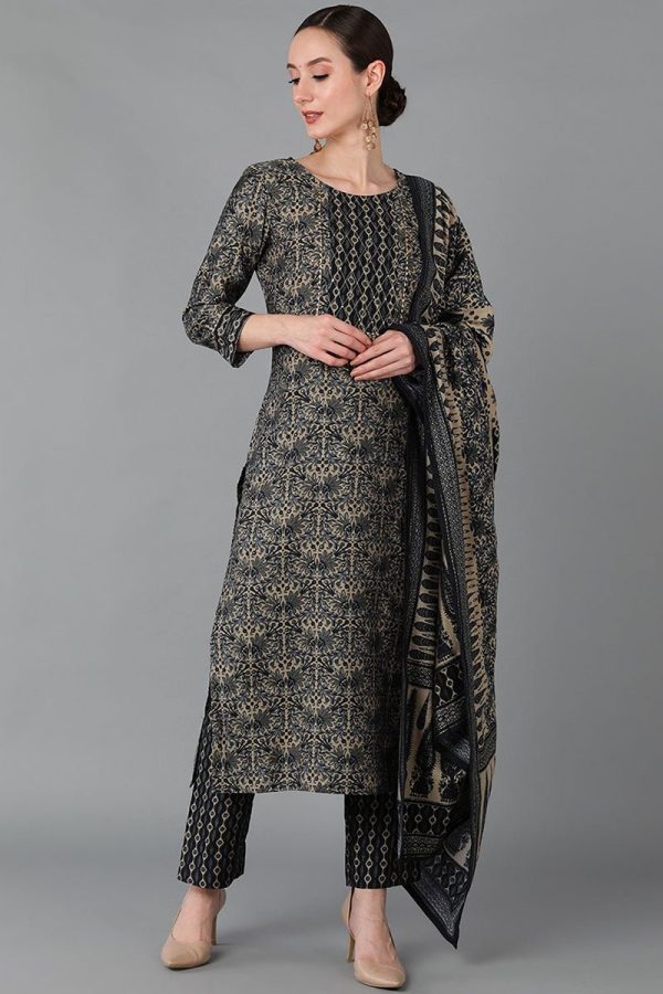 Ahika Black Silk Blend Straight Kurta Pant With Dupatta Online Sale